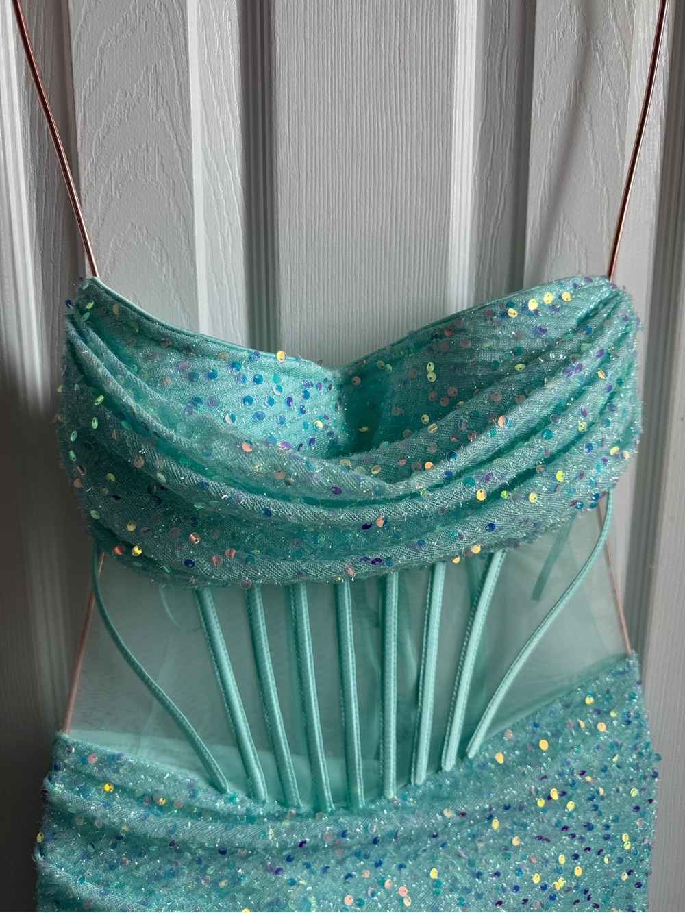 Turquoise Teal Sequin Maxi Dress – Sparkly Corset Mermaid Gown